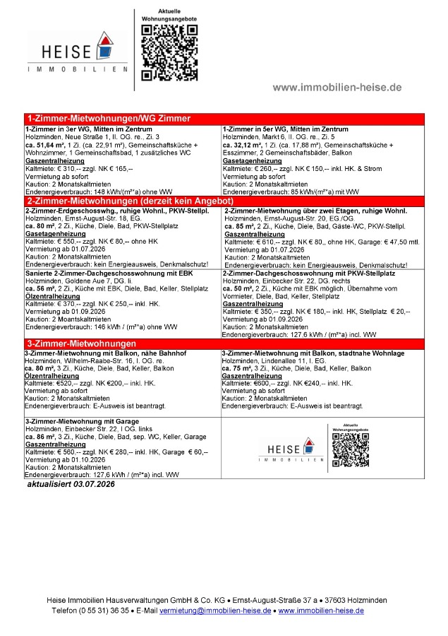 Wohnungsangebote Heise Immobilien - Stand 03.07.2026 Holzminden - Unterschiedliche Wohnlagen in den Landkreisen Holzminden & H�xter Etagenwohnung *** UPDATE *** 03.07.2026 *** Aktuelle Miet�bersicht *** Heise Immobilien Holzminden