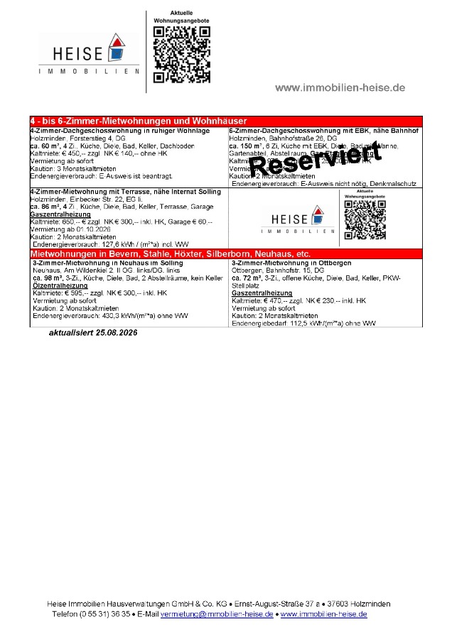 Wohnungsangebote Heise Immobilien - Stand 25.08.2026 Etagenwohnung Holzminden