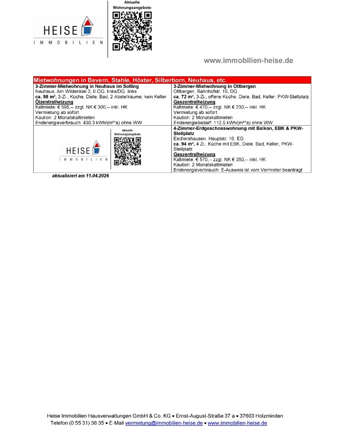 Wohnungsangebote Heise Immobilien_Stand_11.04.2026 Etagenwohnung Holzminden