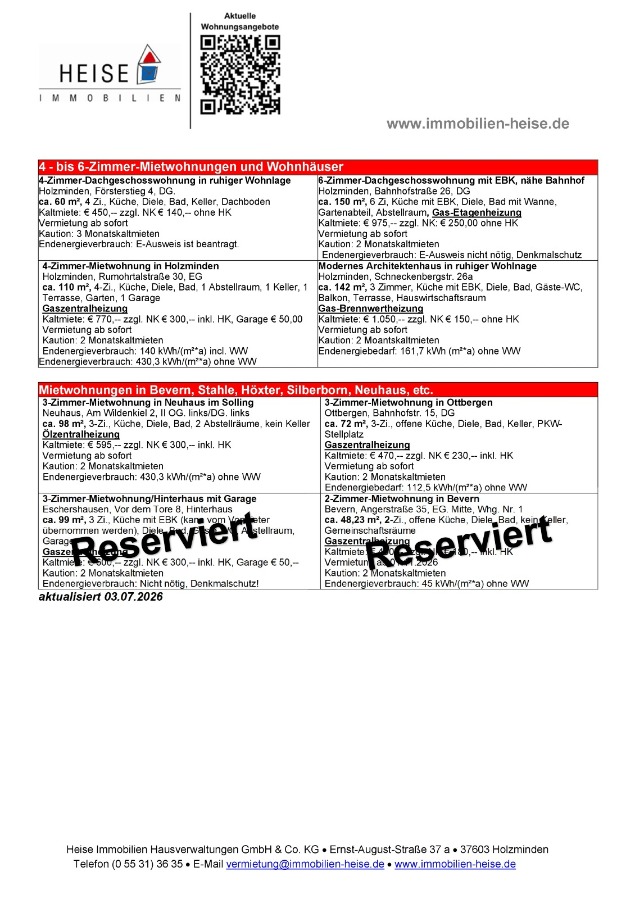 Wohnungsangebote Heise Immobilien - Stand 03.07.2026 Etagenwohnung Holzminden