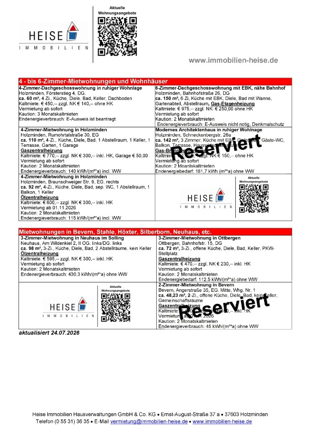 Wohnungsangebote Heise Immobilien - Stand 24.07.2026 Etagenwohnung Holzminden
