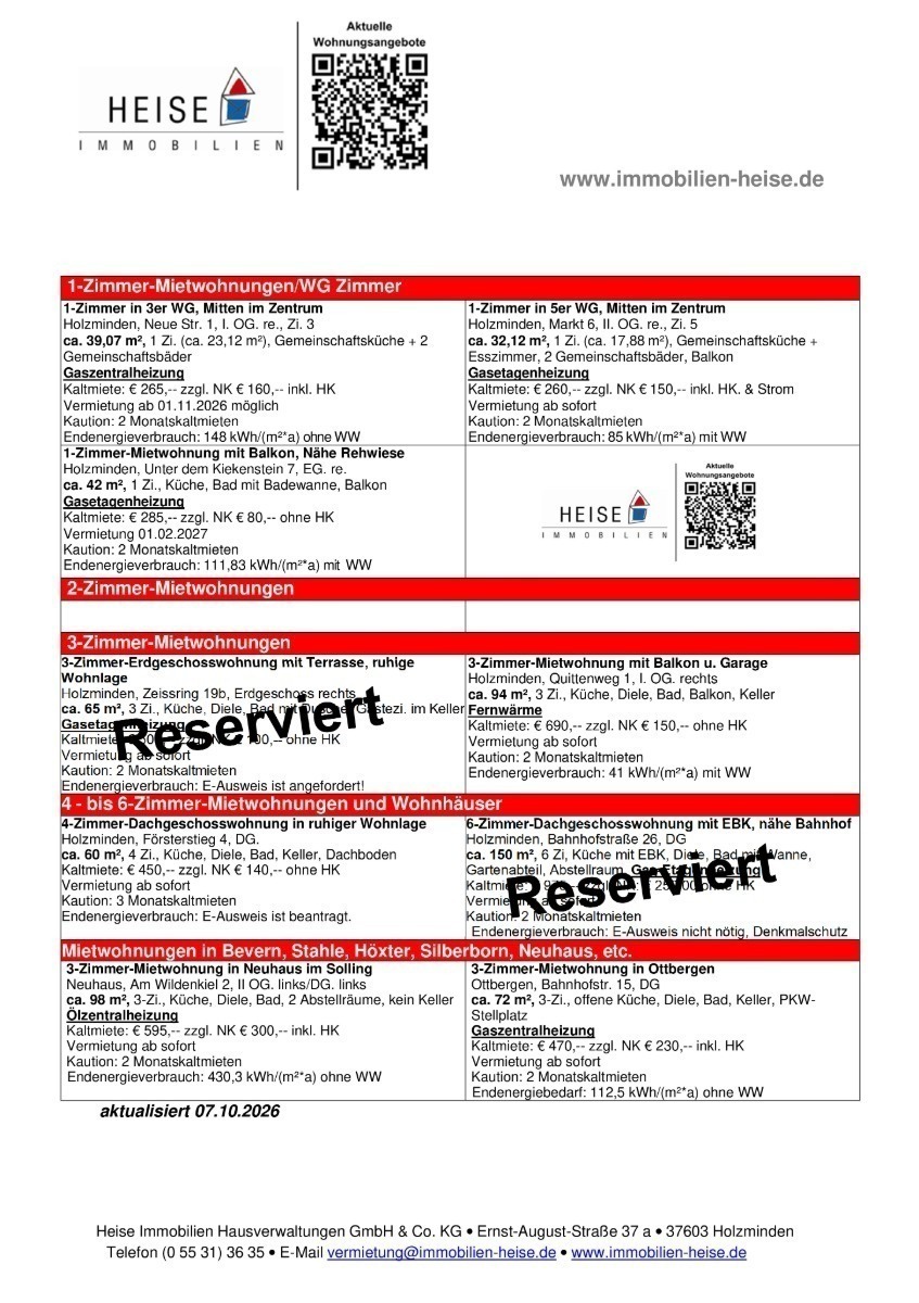 Wohnungsangebote Heise Immobilien_Miet�bersicht_21.10.2026 Etagenwohnung Holzminden
