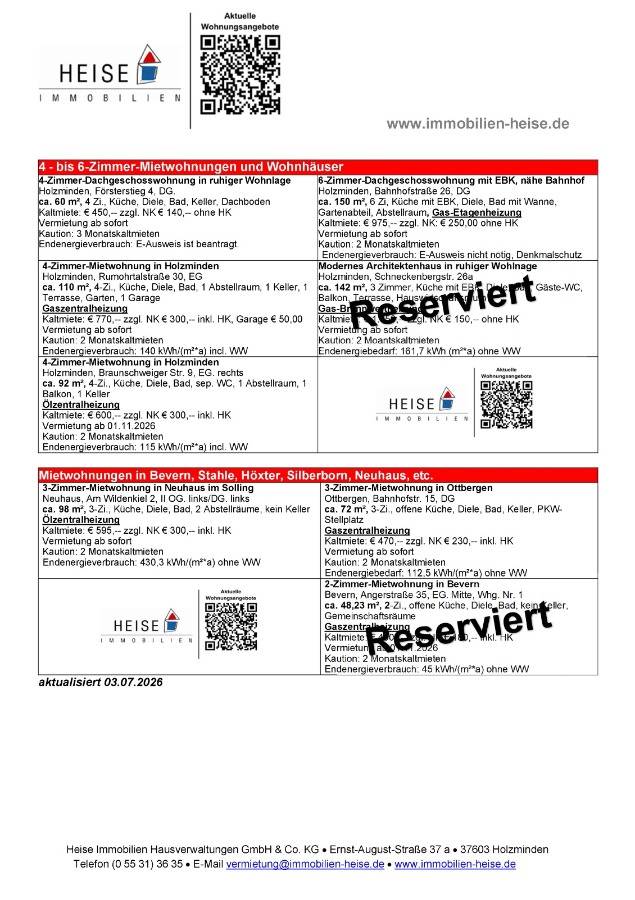 Heise Immobilien - Mietangebote 20.07.2026 Etagenwohnung Holzminden