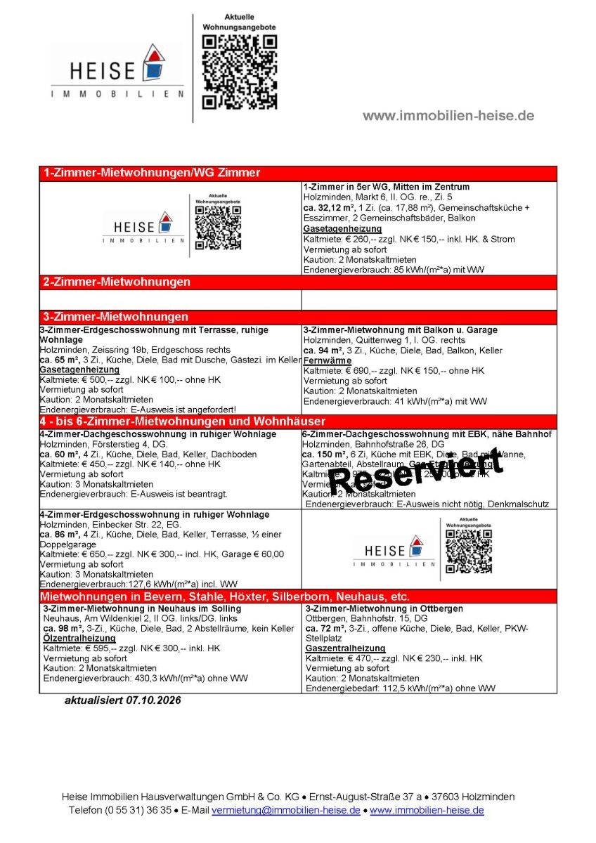 Wohnungsangebote Heise Immobilien - Heise Immobilien Etagenwohnung Holzminden