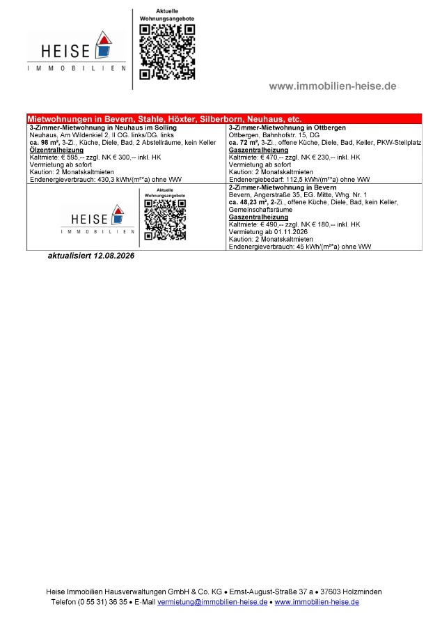 Wohnungsangebote Heise Immobilien - Stand 12.08.2026 Etagenwohnung Holzminden