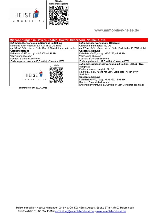 Wohnungsangebote Heise Immobilien - 20.04.2026 Etagenwohnung Holzminden