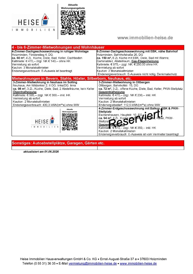 Wohnungsangebote Heise Immobilien_Stand_01.06.2026 Etagenwohnung Holzminden