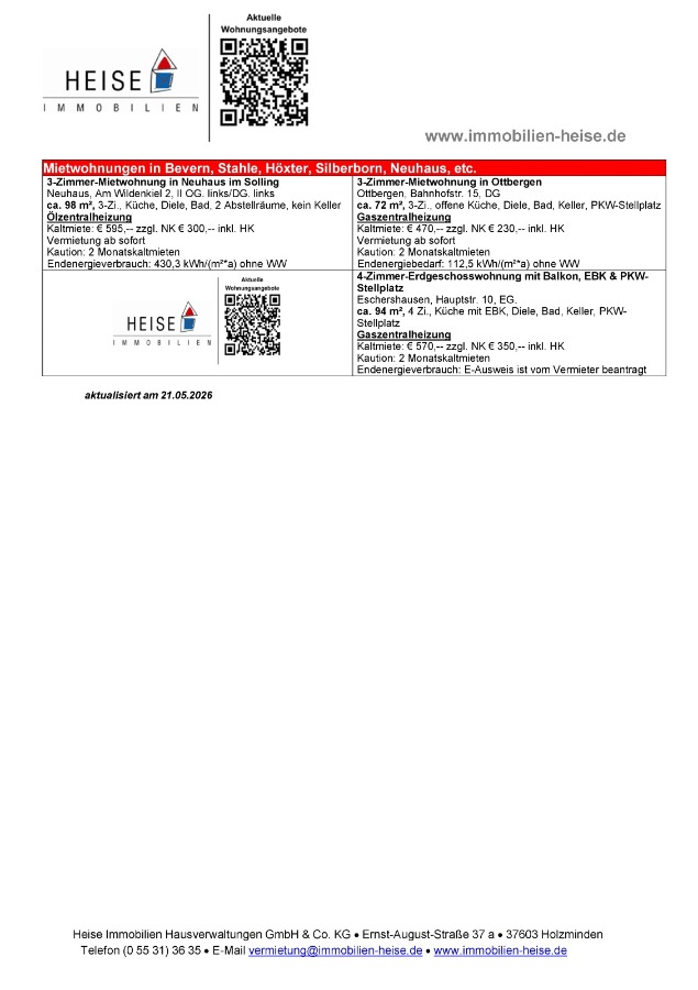 Heise Immobilien Mietangebote - Miet�bersicht_21.05.2026 Etagenwohnung Holzminden