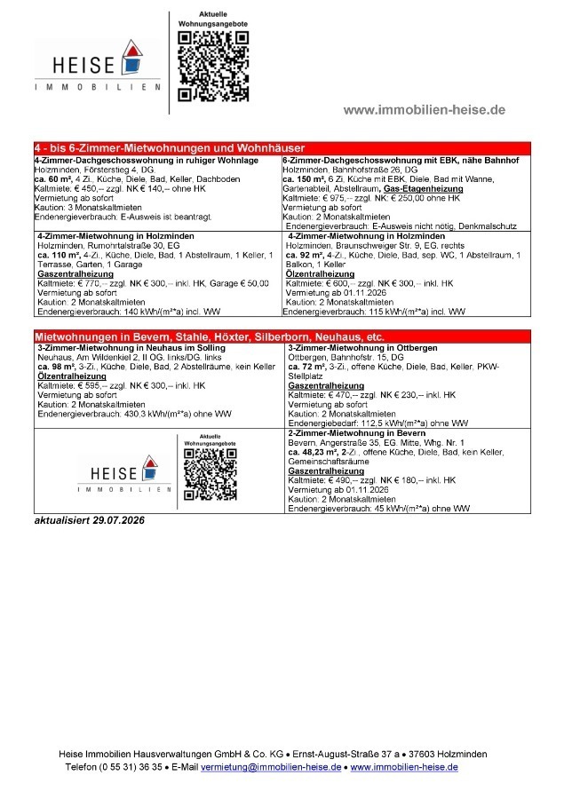Wohnungsangebote Heise Immobilien-Stand 29.07.2026 Etagenwohnung Holzminden