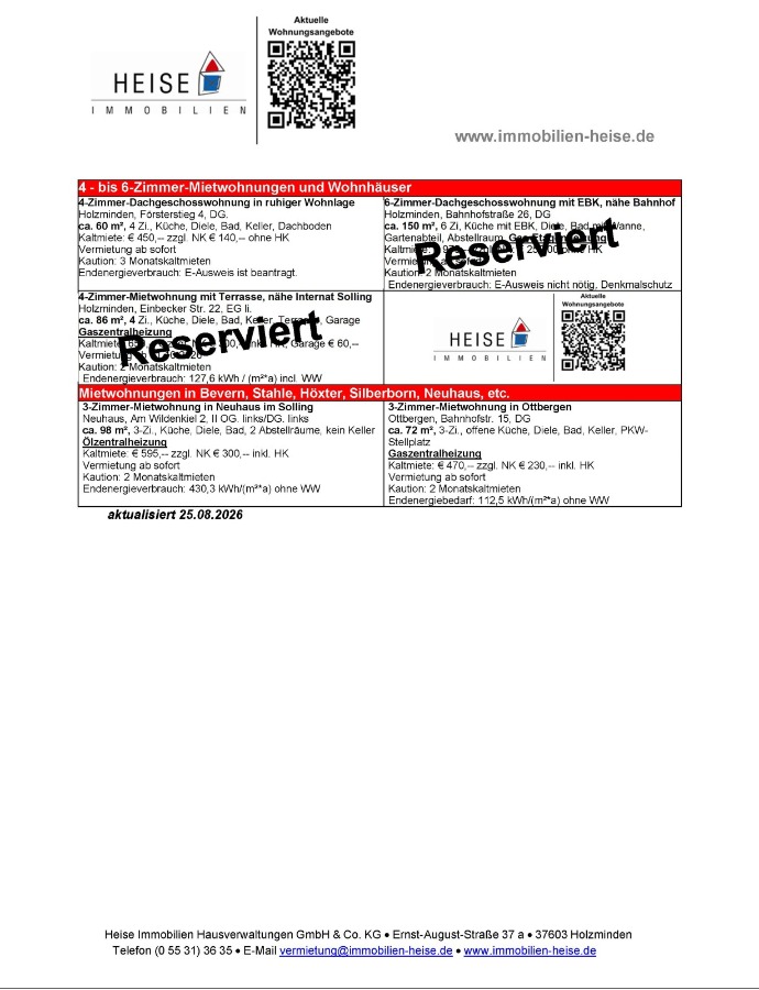 Wohnungsangebote Heise Immobilien_Miet�bersicht vom 01.09.2026 Etagenwohnung Holzminden