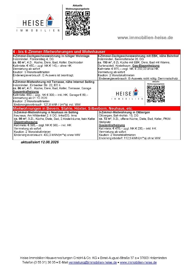 Wohnungsangebote Heise Immobilien Stand 18.08.2026 Etagenwohnung Holzminden
